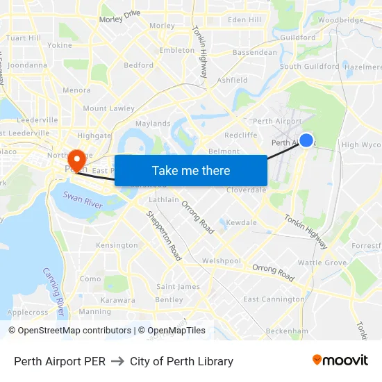Perth Airport PER to City of Perth Library map