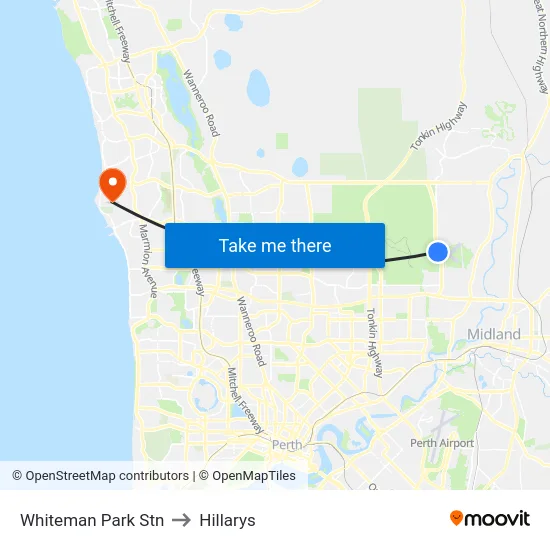 Whiteman Park Stn to Hillarys map