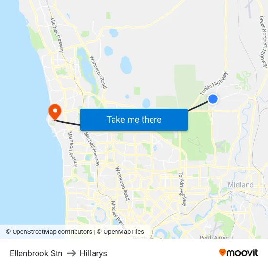 Ellenbrook Stn to Hillarys map