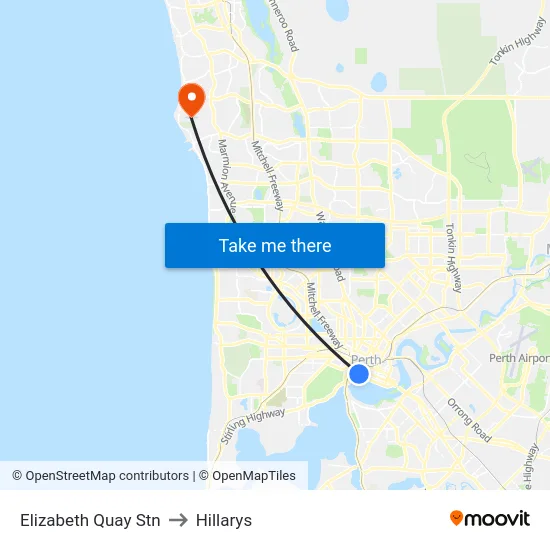 Elizabeth Quay Stn to Hillarys map