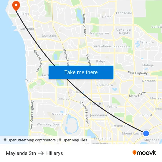 Maylands Stn to Hillarys map