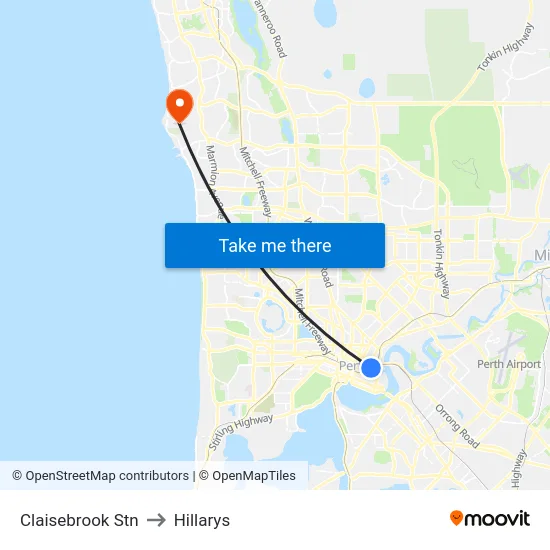 Claisebrook Stn to Hillarys map