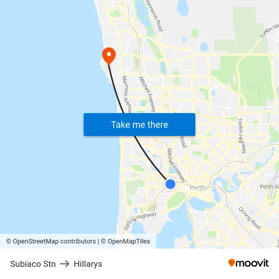 Subiaco Stn to Hillarys map