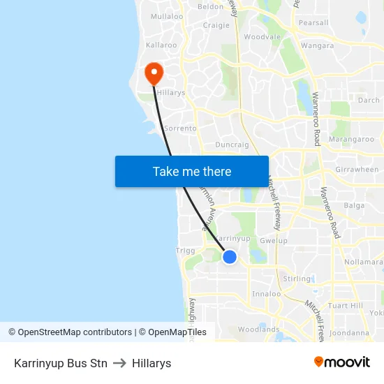 Karrinyup Bus Stn to Hillarys map