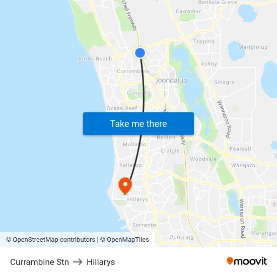 Currambine Stn to Hillarys map