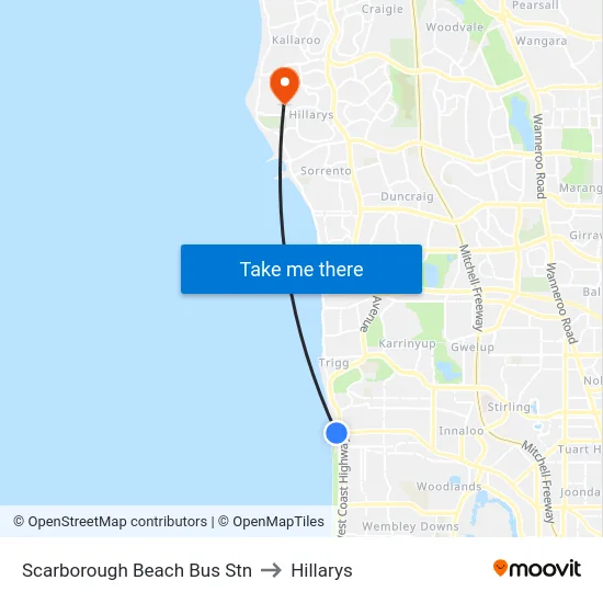 Scarborough Beach Bus Stn to Hillarys map