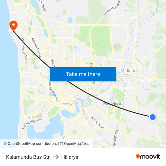 Kalamunda Bus Stn to Hillarys map