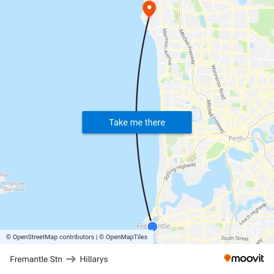 Fremantle Stn to Hillarys map