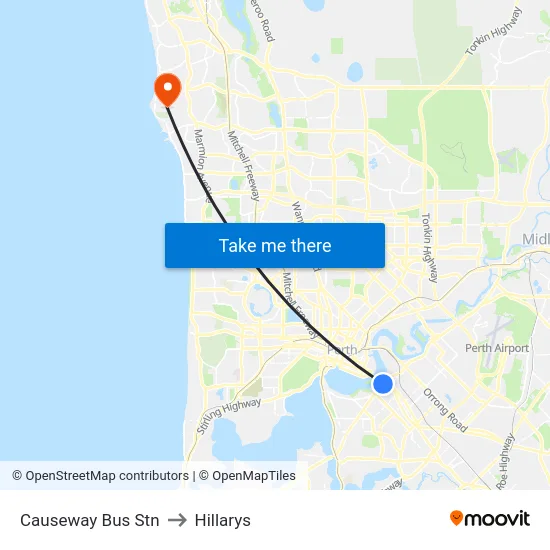 Causeway Bus Stn to Hillarys map