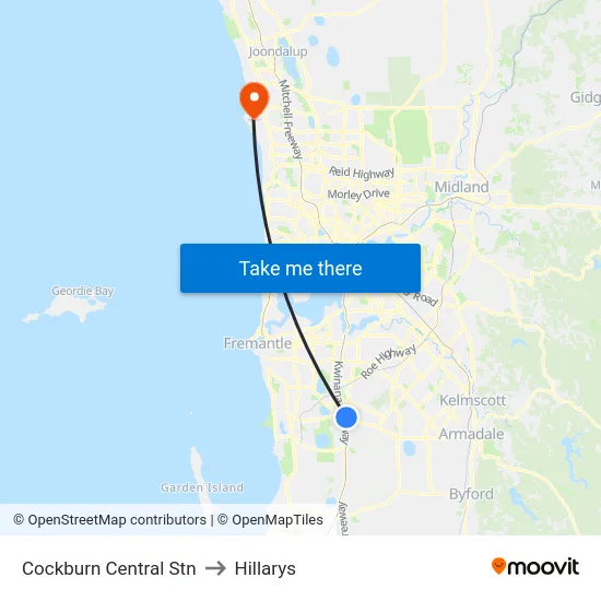 Cockburn Central Stn to Hillarys map