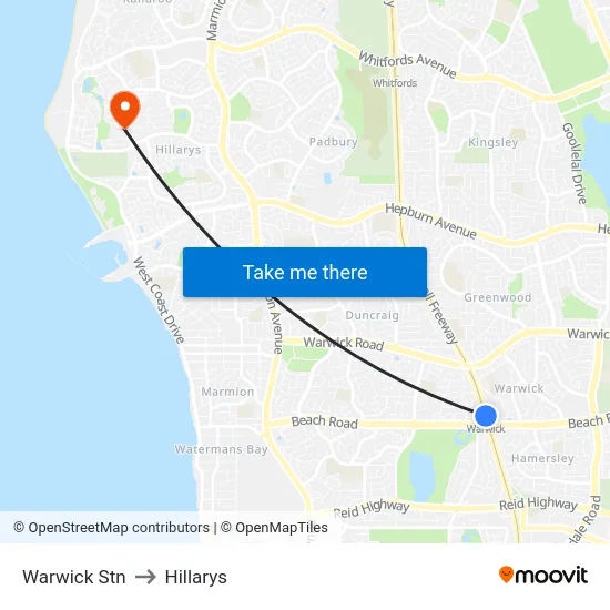 Warwick Stn to Hillarys map