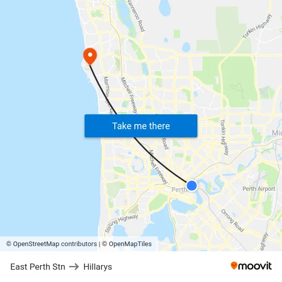 East Perth Stn to Hillarys map
