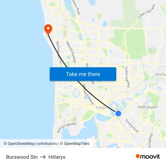 Burswood Stn to Hillarys map