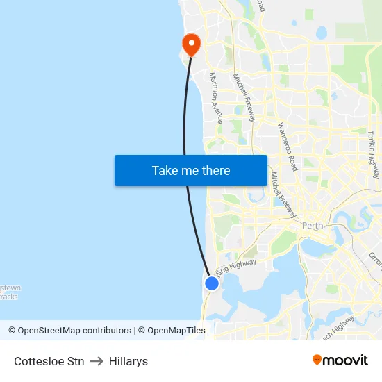 Cottesloe Stn to Hillarys map