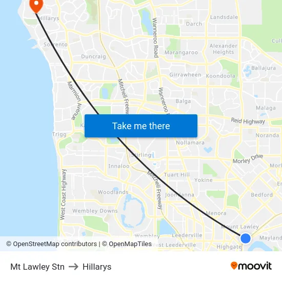 Mt Lawley Stn to Hillarys map