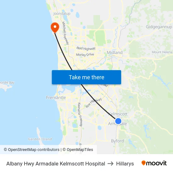 Albany Hwy Armadale Kelmscott Hospital to Hillarys map