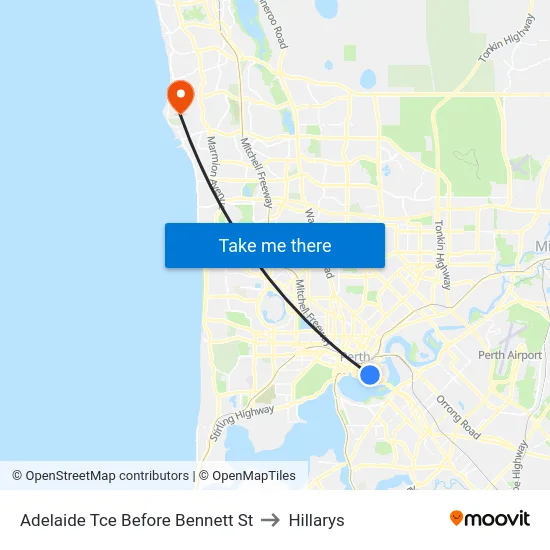 Adelaide Tce Before Bennett St to Hillarys map