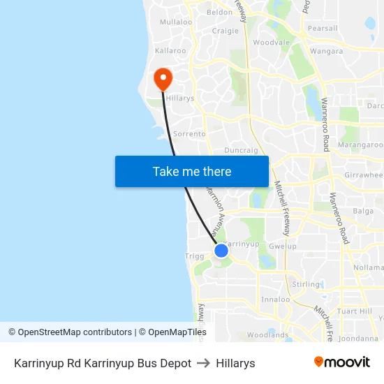 Karrinyup Rd Karrinyup Bus Depot to Hillarys map