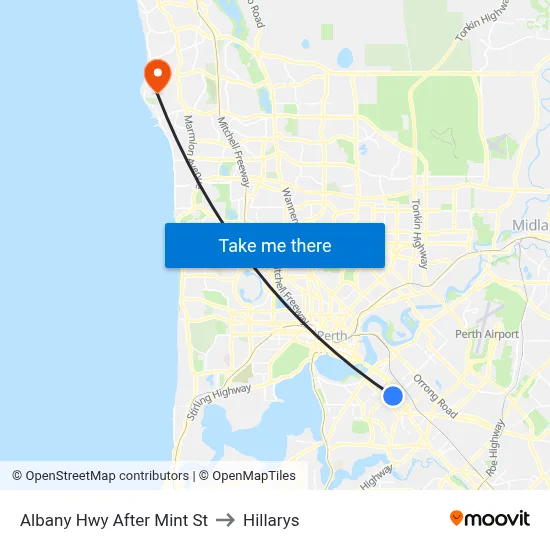 Albany Hwy After Mint St to Hillarys map