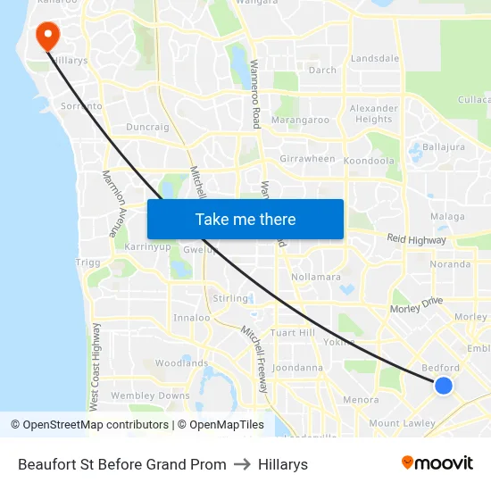 Beaufort St Before Grand Prom to Hillarys map