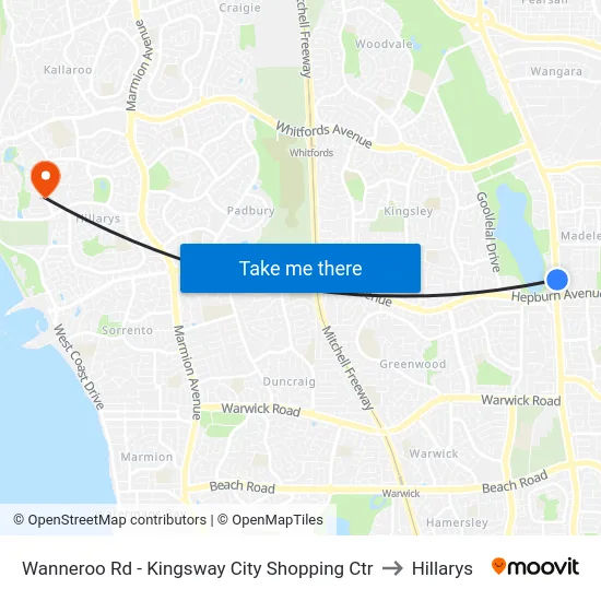 Wanneroo Rd - Kingsway City Shopping Ctr to Hillarys map
