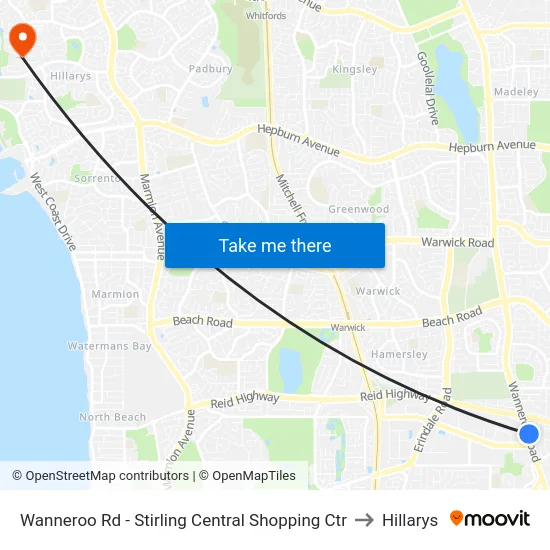 Wanneroo Rd - Stirling Central Shopping Ctr to Hillarys map