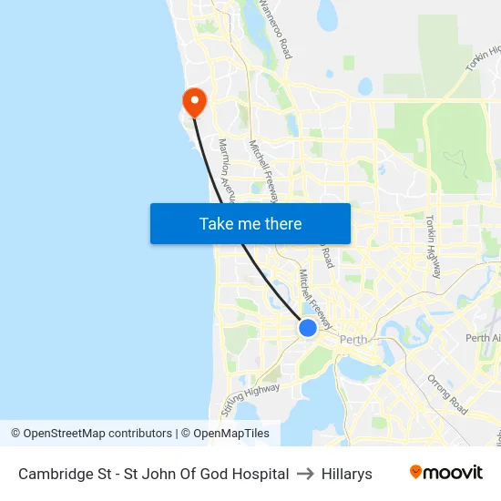 Cambridge St - St John Of God Hospital to Hillarys map