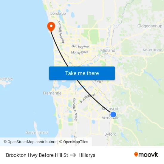 Brookton Hwy Before Hill St to Hillarys map