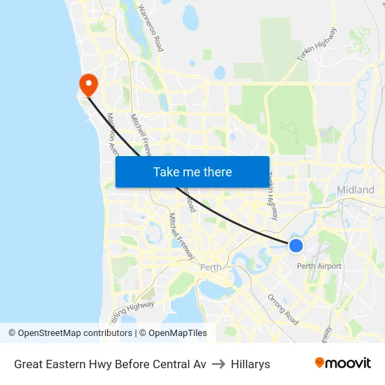 Great Eastern Hwy Before Central Av to Hillarys map