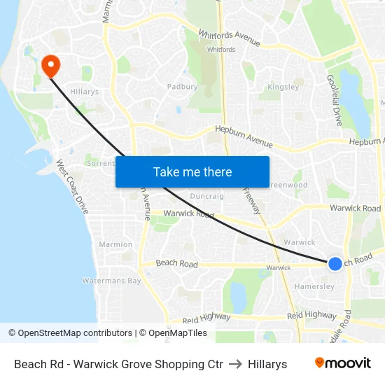 Beach Rd - Warwick Grove Shopping Ctr to Hillarys map