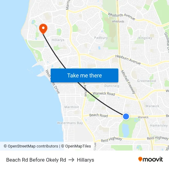 Beach Rd Before Okely Rd to Hillarys map