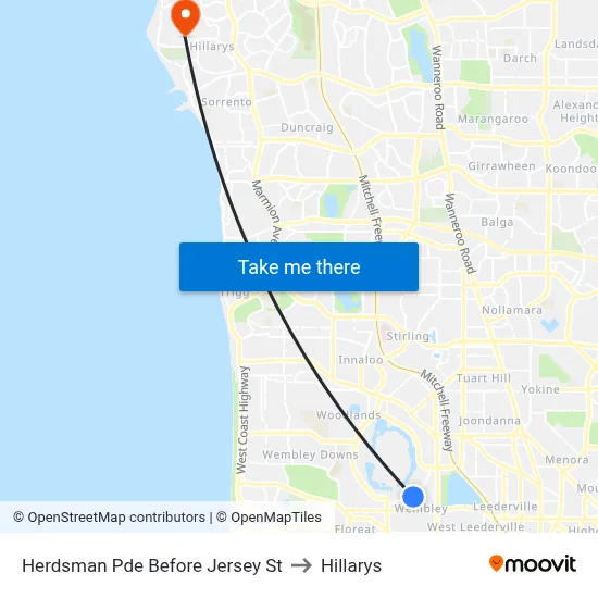 Herdsman Pde Before Jersey St to Hillarys map