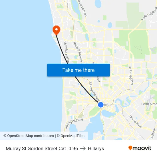 Murray St Gordon Street Cat Id 96 to Hillarys map