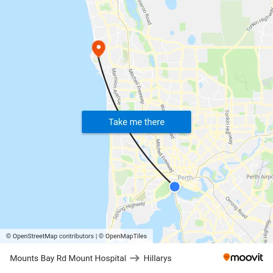 Mounts Bay Rd Mount Hospital to Hillarys map