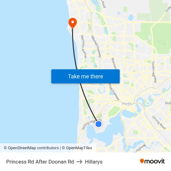 Princess Rd After Doonan Rd to Hillarys map