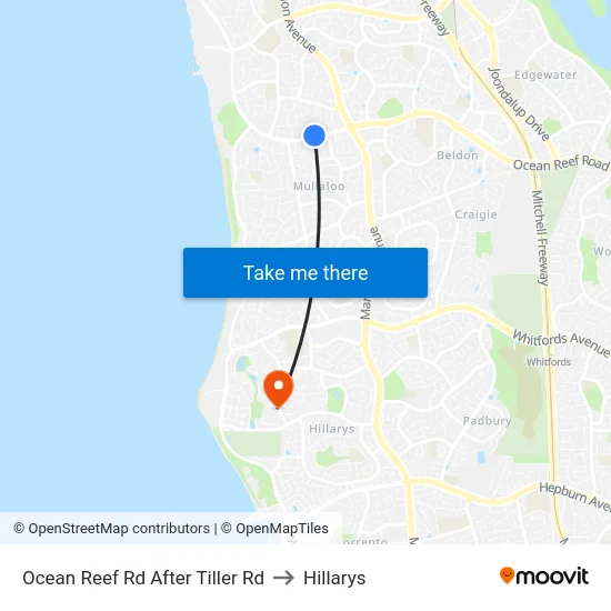 Ocean Reef Rd After Tiller Rd to Hillarys map