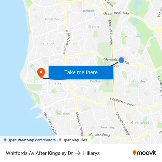 Whitfords Av After Kingsley Dr to Hillarys map