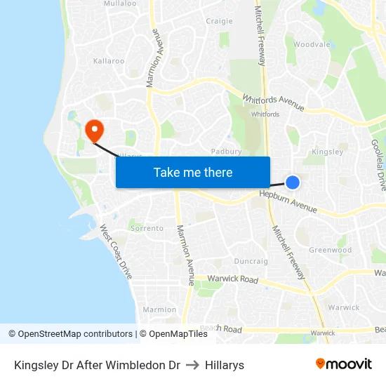 Kingsley Dr After Wimbledon Dr to Hillarys map