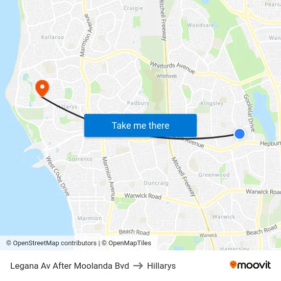 Legana Av After Moolanda Bvd to Hillarys map