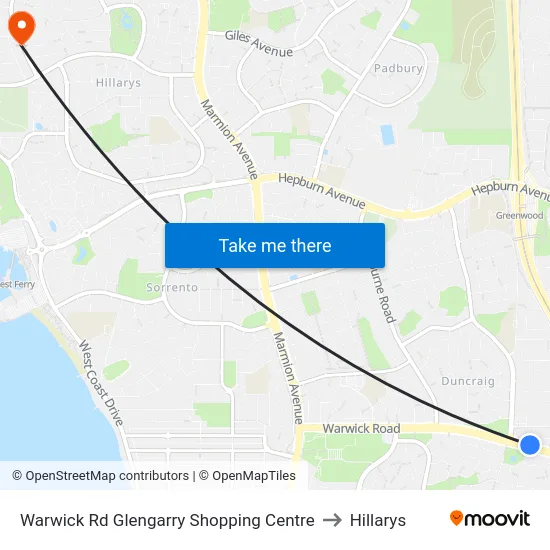Warwick Rd Glengarry Shopping Centre to Hillarys map