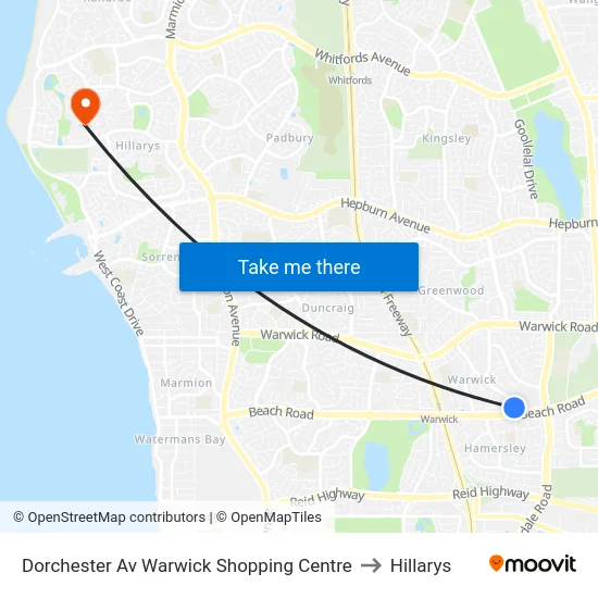 Dorchester Av Warwick Shopping Centre to Hillarys map