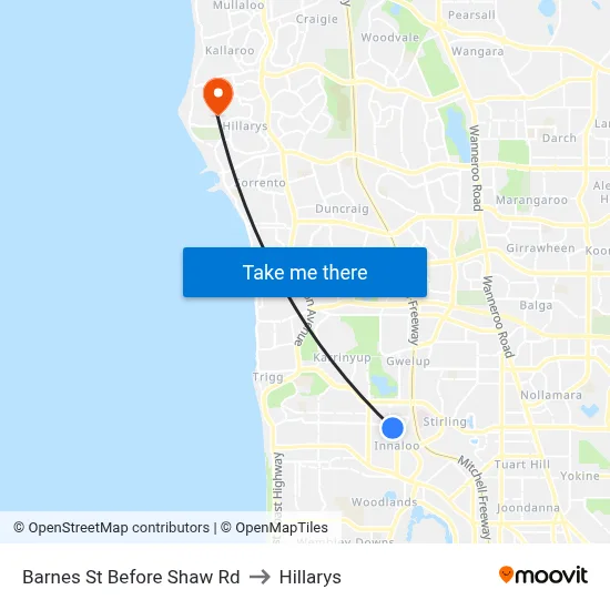 Barnes St Before Shaw Rd to Hillarys map