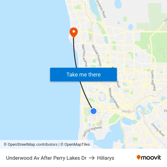Underwood Av After Perry Lakes Dr to Hillarys map