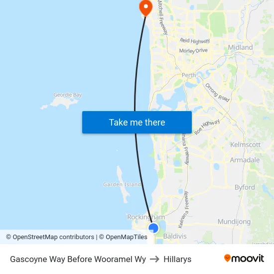 Gascoyne Way Before Wooramel Wy to Hillarys map