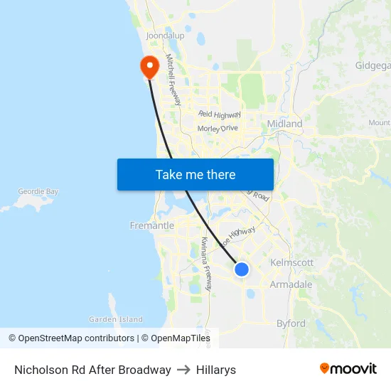 Nicholson Rd After Broadway to Hillarys map