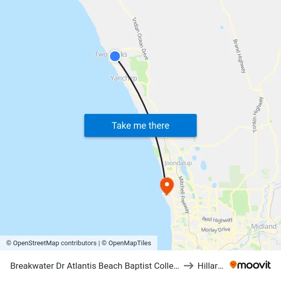 Breakwater Dr Atlantis Beach Baptist College to Hillarys map