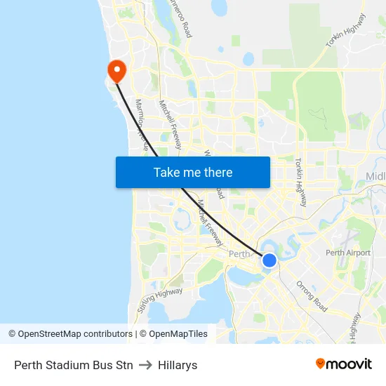 Perth Stadium Bus Stn to Hillarys map
