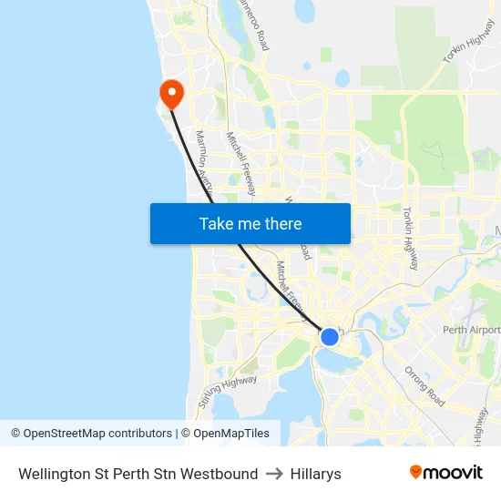 Wellington St Perth Stn Westbound to Hillarys map