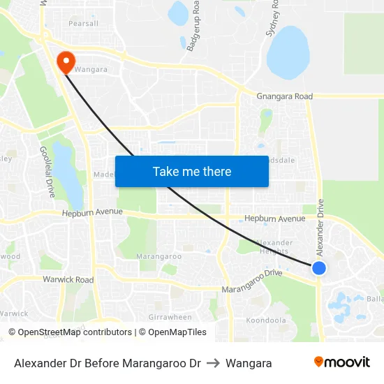 Alexander Dr Before Marangaroo Dr to Wangara map