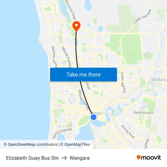 Elizabeth Quay Bus Stn to Wangara map